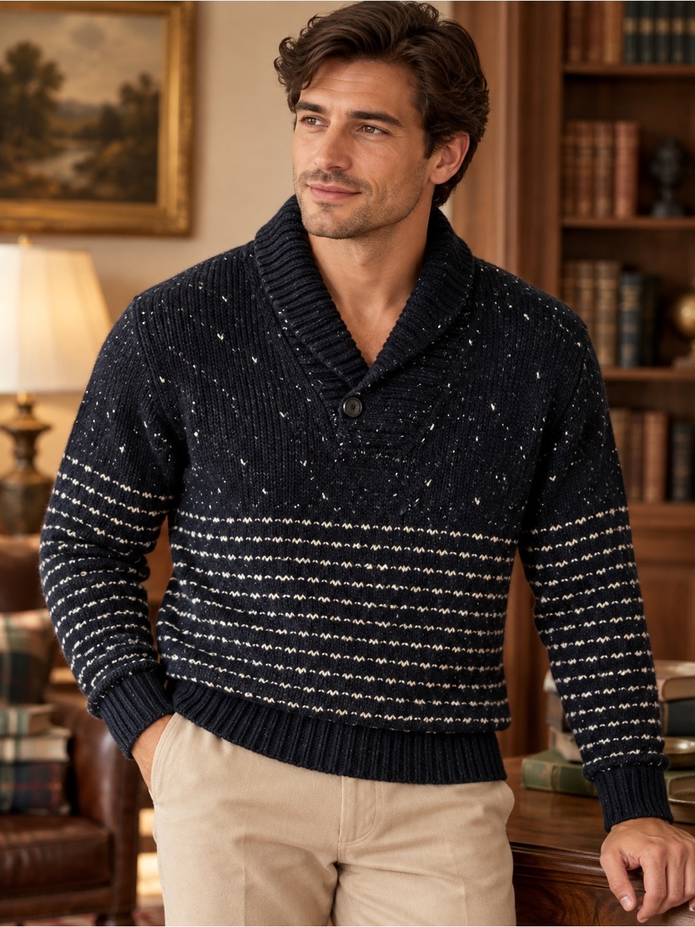 Navy Speckled Knit Sweater Men L Shawl Collar Academia Old Money Preppy
